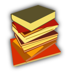 Logo: a stack of books, coloured different shades of red, yellow and brown.